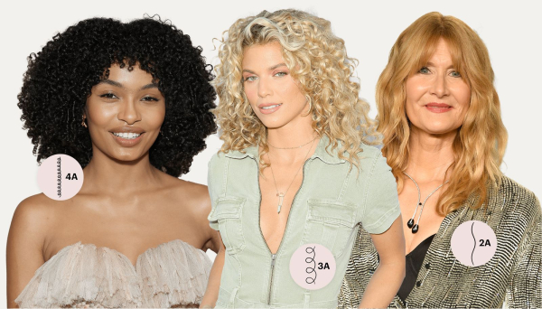 Yara Shahidi with 4.A. coily hair woman with blonde 3.A. curls and Laura Dern with 2.A. wavy natural hair