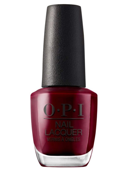 OPI Nail Lacquer in Malaga Wine bottle of wine red nail polish with black cap on white background