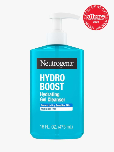 Neutrogena Hydro Boost Hydrating Gel Cleanser Fragrance Free with a branded component with the 2023 best of beauty seal in the top right corner on a light gray background